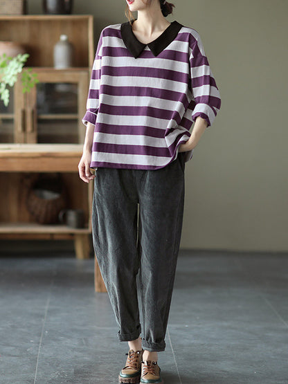 Casual Striped Contrast Color Long Sleeves Doll Collar Loose T-Shirt Tops