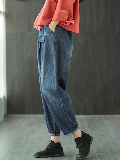 Leisure Solid Denim Puff Pants Bottoms
