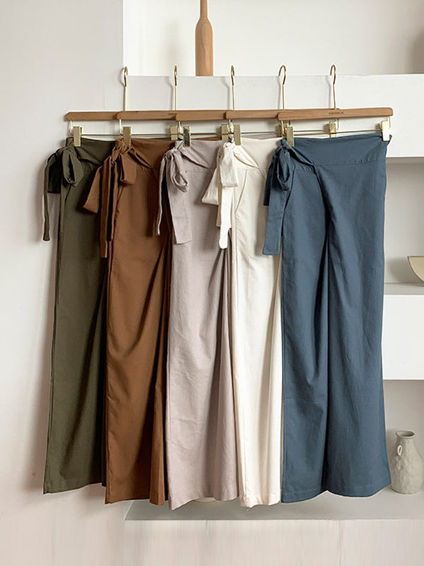 Simple 9 Colors Ramie Cotton Tied High-Waisted Pants
