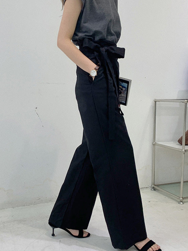 Simple 9 Colors Ramie Cotton Tied High-Waisted Pants