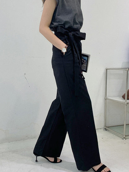 Simple 9 Colors Ramie Cotton Tied High-Waisted Pants