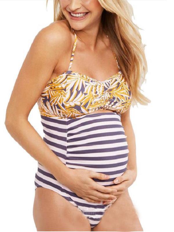 Spaghetti-Neck Striped &Printing One-Piece Maternity Swimwear