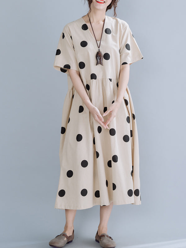 Simple Asymmetric Polka-Dot V-Neck Loose Short Sleeves Midi Dress