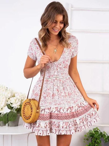 Vacation Round-neck Printed Mini Dress