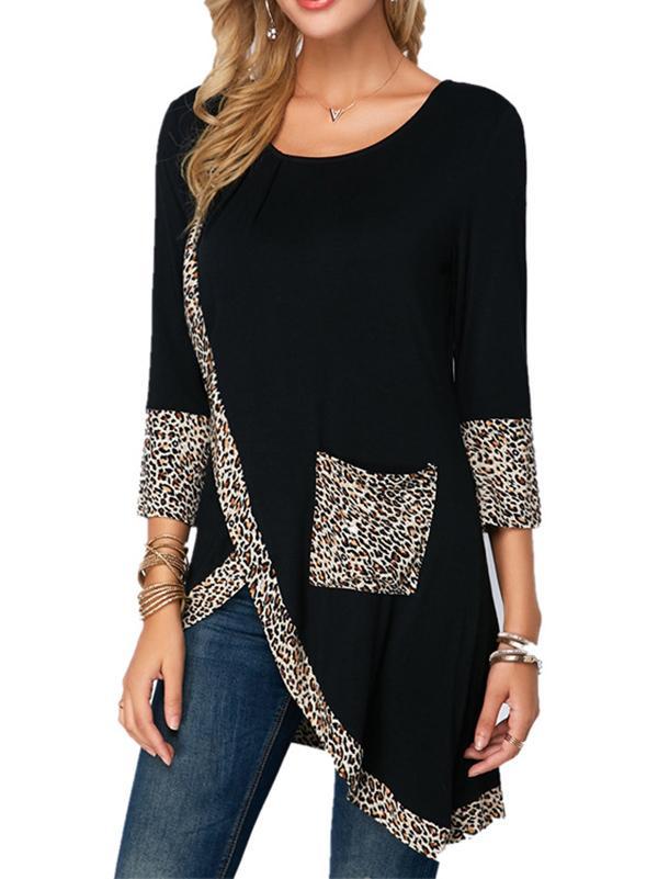Round-Neck Leopard Printed Three Points Sleeves Blouse