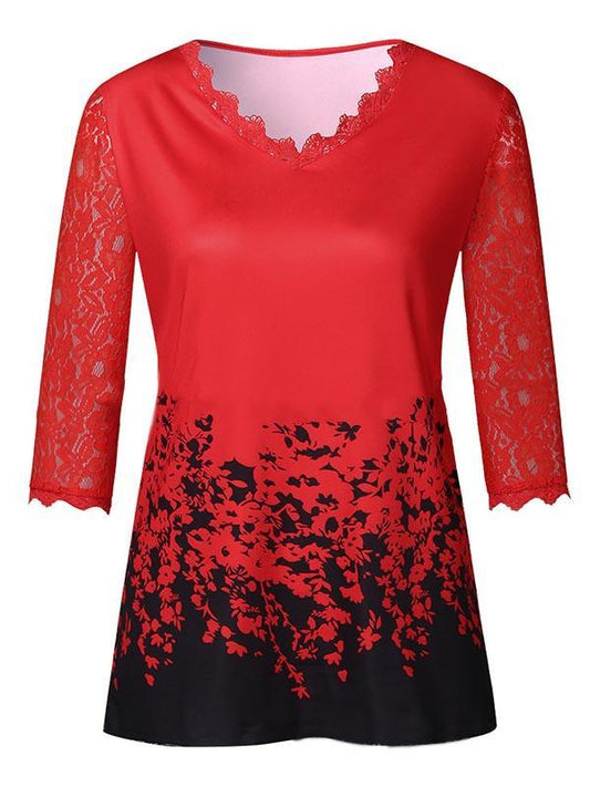 V-Neck Elbow Sleeves Lace Printed Loose Blouse
