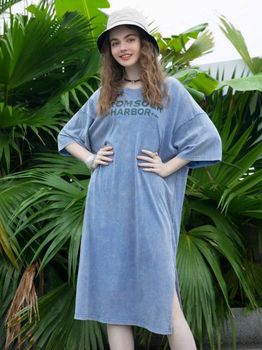 Solid Letter Printed Cotton Loose Split-side Midi Dress