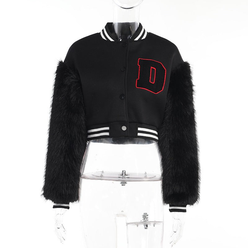 Faux Fur Sleeves Baseball Uniform