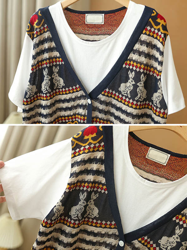 Stylish Split-Joint Printed Round-Neck False Two T-Shirt