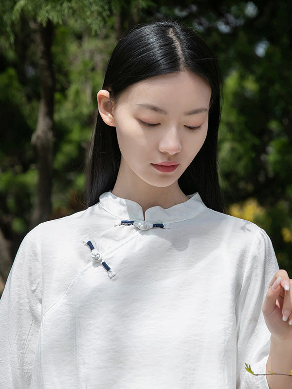 Vintage Tencel Buttoned Stand Collar High-Low Half Sleeves T-Shirt