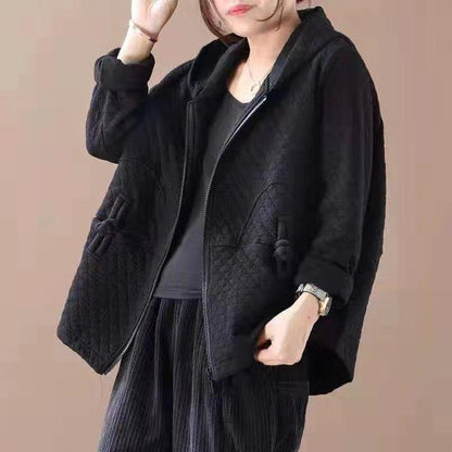 Buykud Retro Solid Color Zipper Autumn Hooded Coat