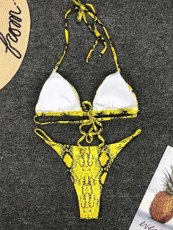 Snakeskin Print Top With High Cut Bikini Set