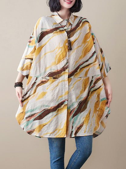 Artistic Retro Contrast Color Printed Split-Joint Blouse