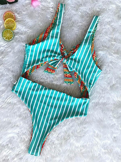 Reversible Striped Bandage One-piece Swimwear