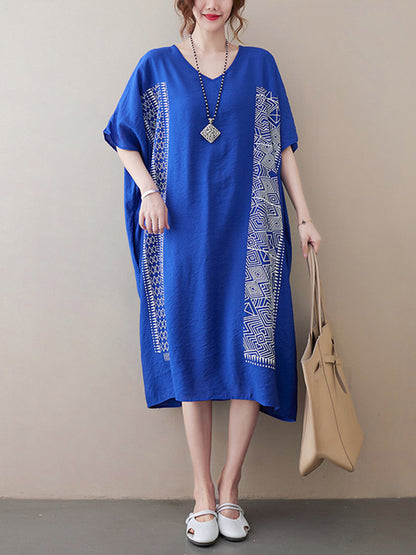 National Printed Batwing Sleeves Round-Neck Loose Midi Dress
