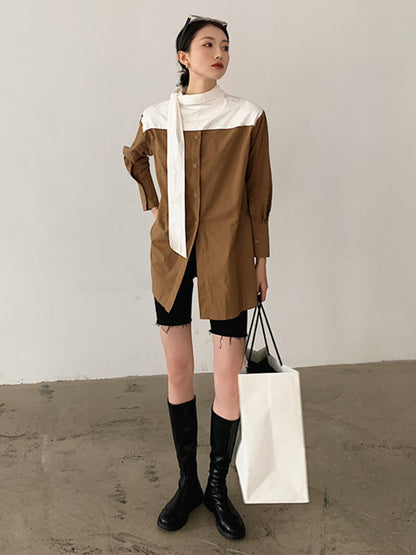 Original Loose Color Matching Split-Joint Buttoned Stand Collar Long Sleeves Blouse