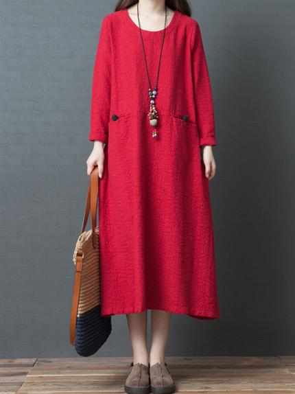 Red&Black Loose Round-neck Ramie Cotton Linen Dress