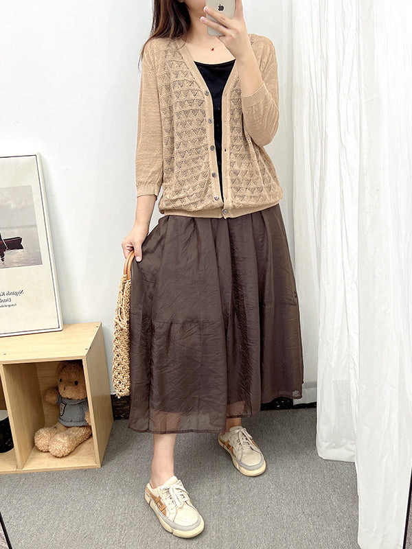 Loose Solid Color Linen Hollow Knitting Cardigan Top