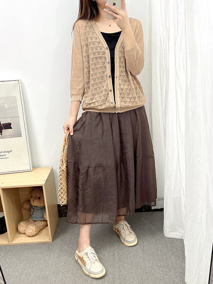 Loose Solid Color Linen Hollow Knitting Cardigan Top