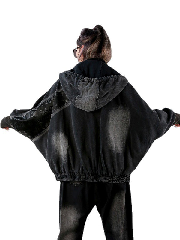 Stylish Cool Street Long Batwing Sleeves Letter Print Zipper Hooded Jackets&Coats