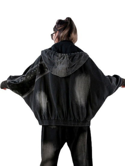 Stylish Cool Street Long Batwing Sleeves Letter Print Zipper Hooded Jackets&Coats