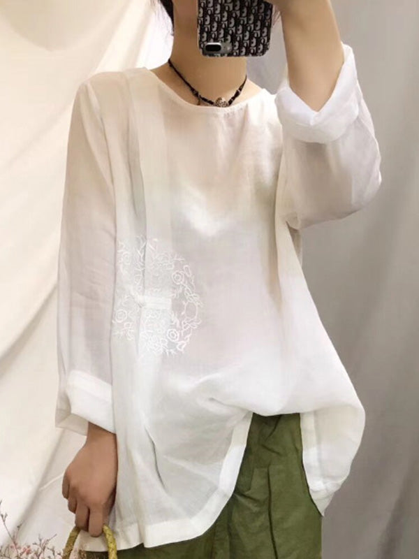 Vintage Ramie Cotton Embroidered Round-Neck T-Shirt Tops