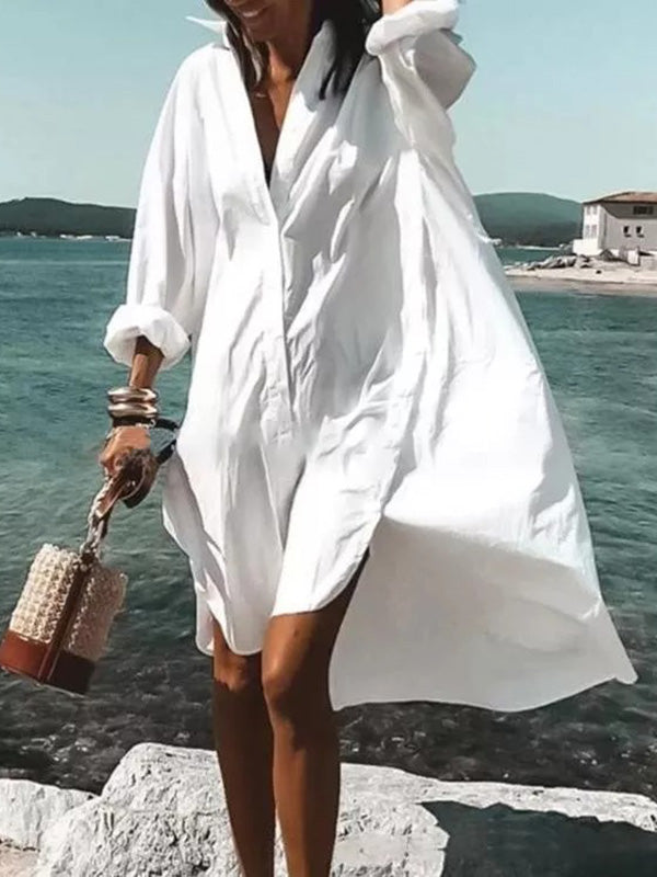 Urban Solid Color Split-Side Long Sleeves V-Neck Shirt Midi Dress