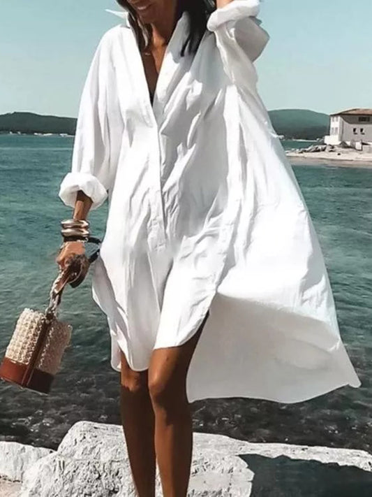 Urban Solid Color Split-Side Long Sleeves V-Neck Shirt Midi Dress