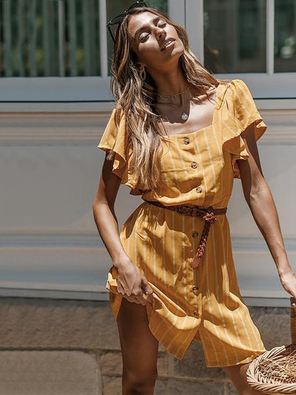 Square Collar Casual Stripped Mini Dress