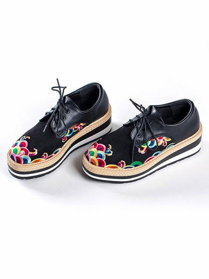 Floral Embroidered Leather Platform Shoes
