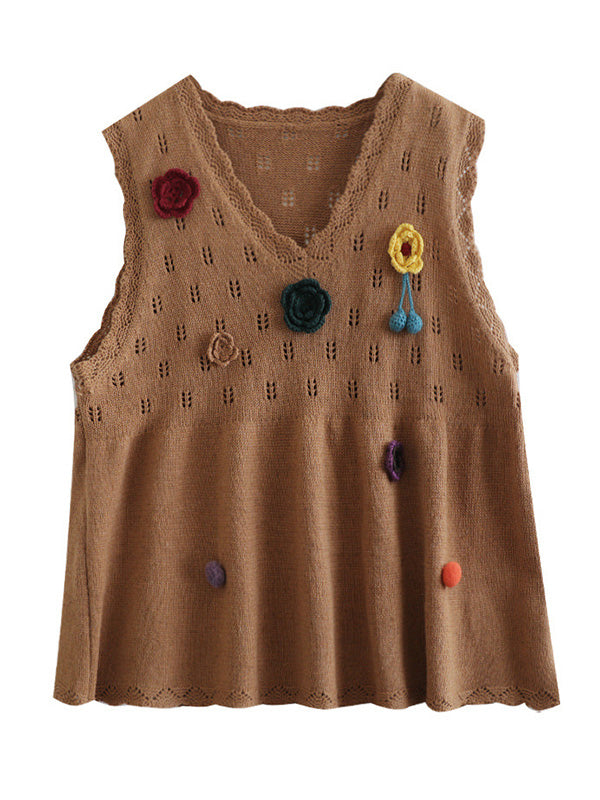 Vintage Knitting Sleeveless Applique V-Neck Vest Top