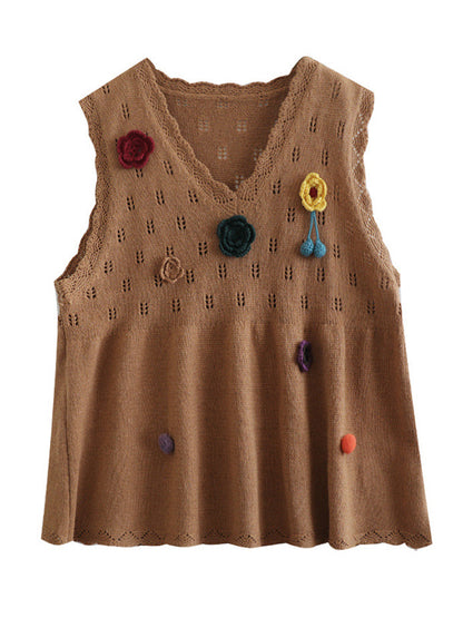 Vintage Knitting Sleeveless Applique V-Neck Vest Top