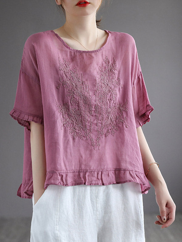 Ramie Cotton Embroidered Round-Neck T-Shirts Tops