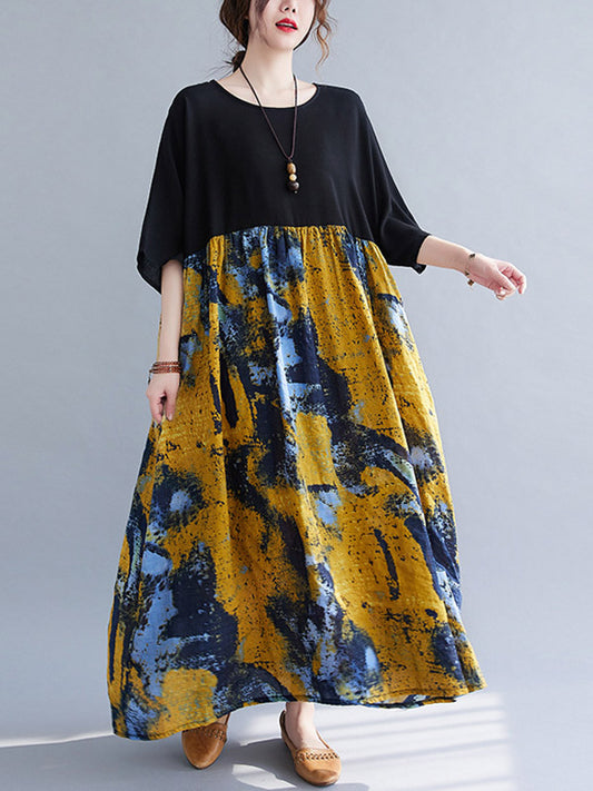 Artistic Retro Floral Printed Split-Joint Pleated Round-Neck Half Sleeves Midi Dress