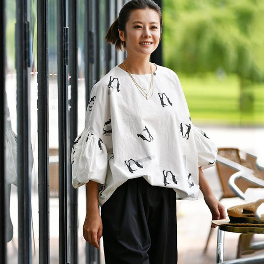 Buykud Character Print Lantern Sleeve Casual Blouse