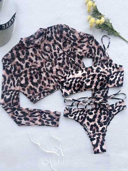 Leopard Mesh Long Sleeve Three-Piece Bikini Swimsuit