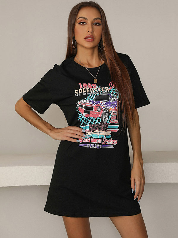 Casual Black Printed Round-Neck Short Sleeves T-Shirts