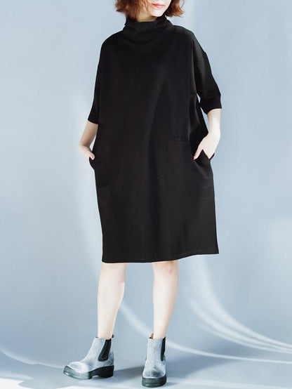 Solid Loose High-neck Half Sleeves Dress