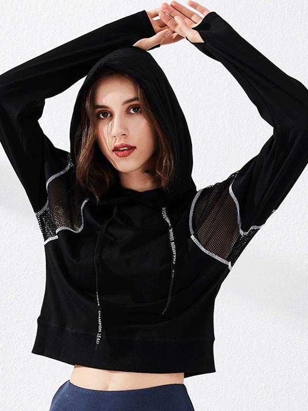 Mesh Solid Loose Hooded Yoga&Gym Tops