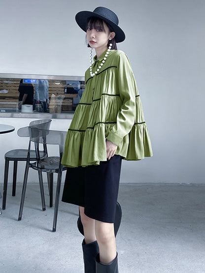 Original Buttoned Pleated Lapel Long Sleeves Blouse Tops