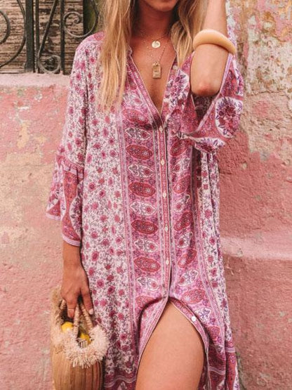 Printed V-nek Loose Hollow  Midi Dress