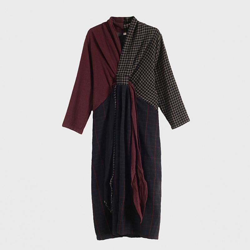 Buykud Cross Splicing Plaid Lacing Retro Casual Dress