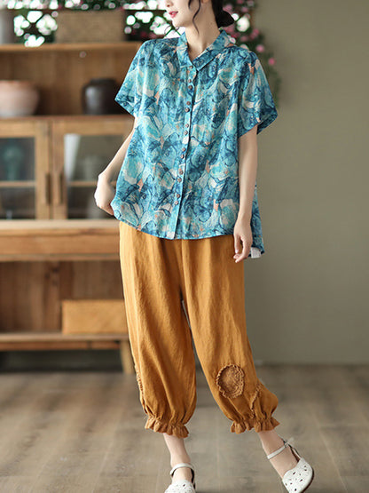 Vintage Artistic Retro Loose Floral Printed Ramie Cotton Blouse