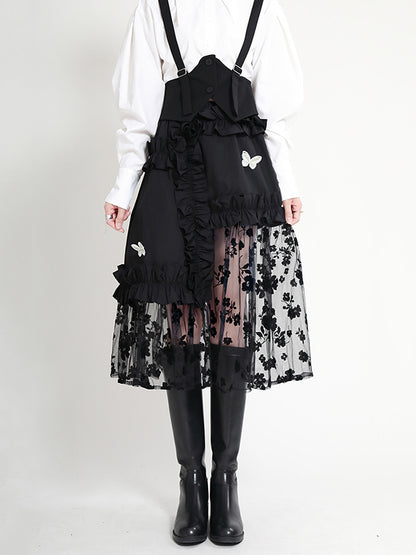 Stylish Mesh Hollow Embroidered Elasticity Split-Joint Strap Skirt