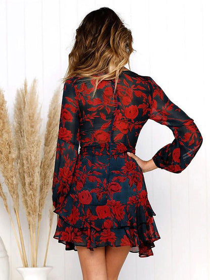 Sexy V-neck Printed Lace Mini Dress