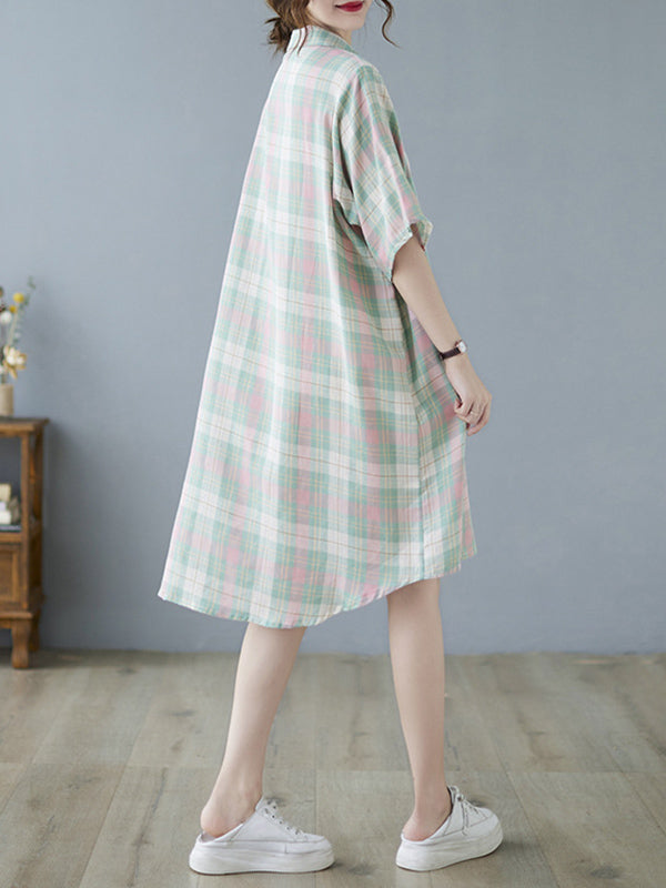 Urban Plaid Half Sleeve Lapel Shirt Dress