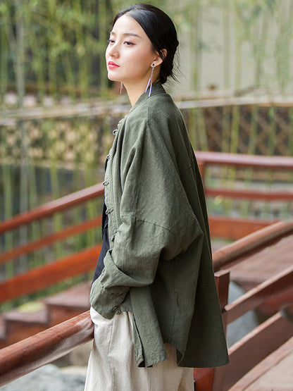 Original Artistic Retro Loose Solid Color Ramie Cotton Blouse Outwear