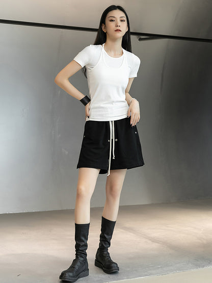 Stylish Halterneck Solid Color False Two Short Sleeves T-Shirt
