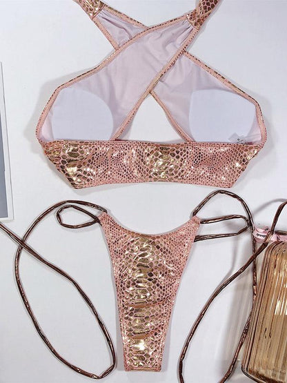 Snake-Print Bandage Split Bikini Swimsuit