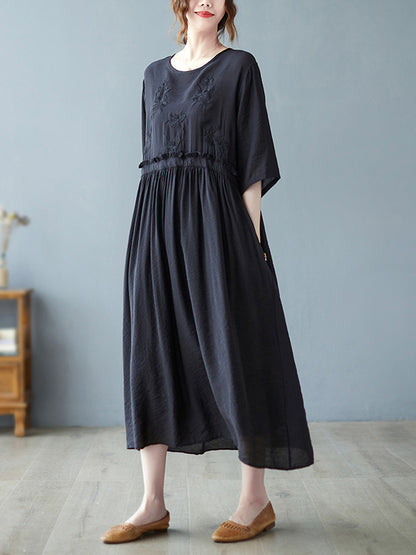 Artistic Retro Loose Solid Color Embroidered Drawstring Midi Dress